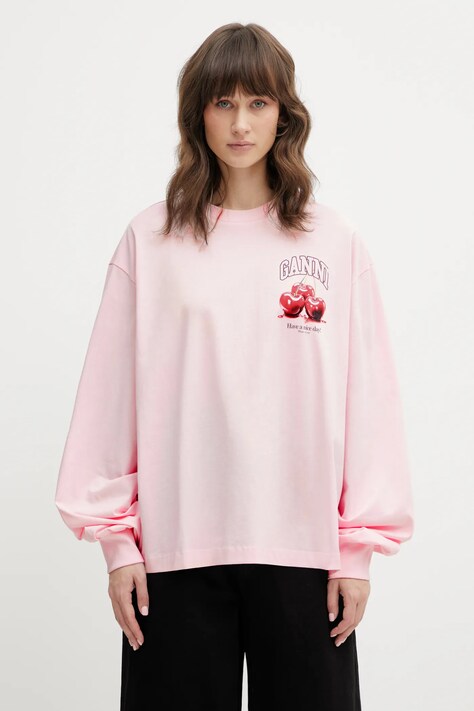 GANNI longsleeve bawełniany A1050059 kolor różowy A1050059