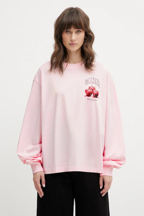 GANNI longsleeve bawełniany A1050059 kolor różowy A1050059