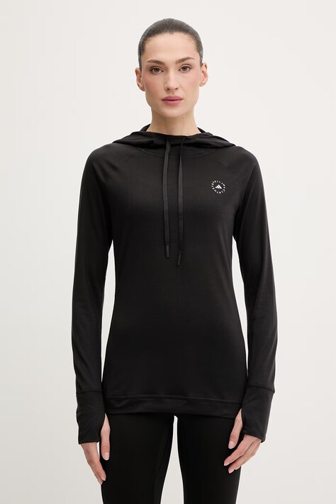 Sportska dukserica adidas by Stella McCartney za žene, boja: crna, s kapuljačom, bez uzorka, KE5439