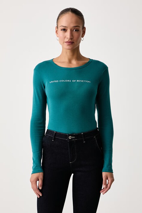 United Colors of Benetton Majica z dolgimi rokavi ženska bombažna turkizna 3GA8E16G0