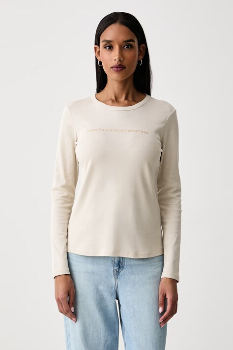 United Colors of Benetton Longsleeve damski bawełniany beżowy 3GA8E16G0