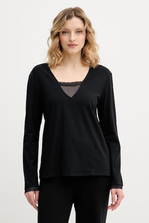 Chantelle longsleeve piżamowy damski z bawełną Romance czarny C10YJ0