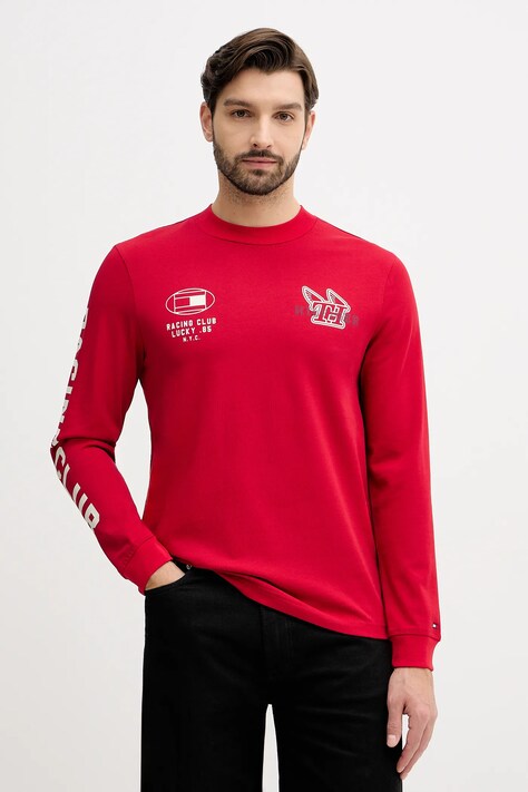 Tommy Hilfiger longsleeve bawełniany kolor czerwony z nadrukiem MW0MW41467