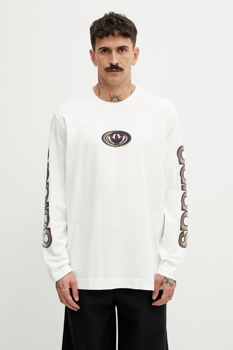 adidas Originals longsleeve din bumbac culoarea bej, cu imprimeu, KS6859