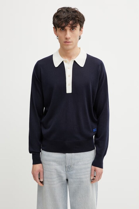 Wales Bonner Henry longsleeve męski wełniany granatowy US26KNS4877.WO04.591