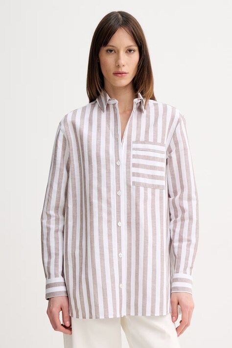 MM by Max Mara koszula damska z dodatkiem lnu ULULO brązowa w paski 2616111018600