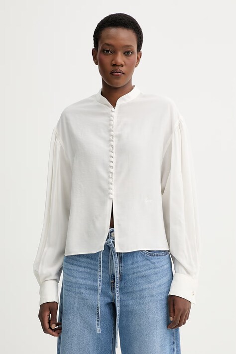 Kenzo koszula z domieszką jedwabiu damska kolor beżowy relaxed ze stójką FG52CH2829KA