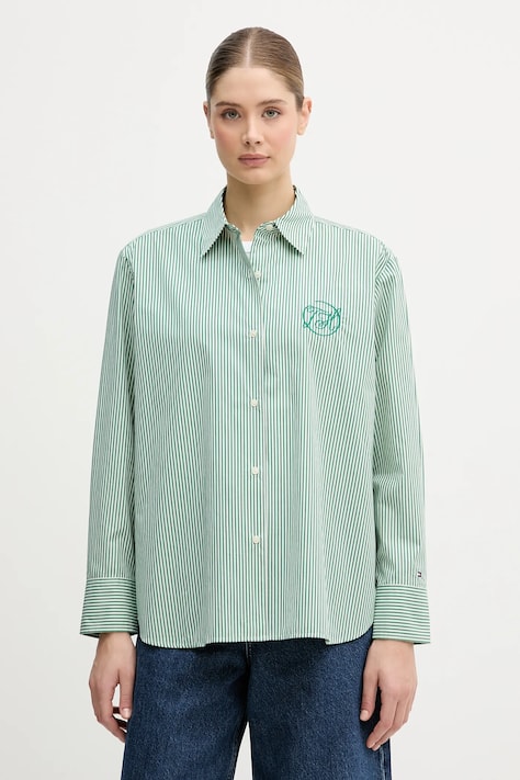 Tommy Hilfiger koszula bawełniana damska kolor zielony relaxed z kołnierzykiem klasycznym WW0WW48190