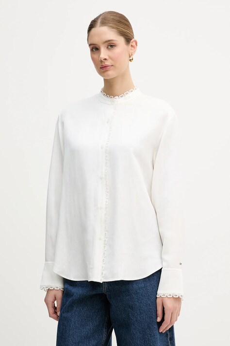 Tommy Hilfiger koszula z domieszką lnu damska kolor beżowy relaxed z kołnierzykiem klasycznym WW0WW48654