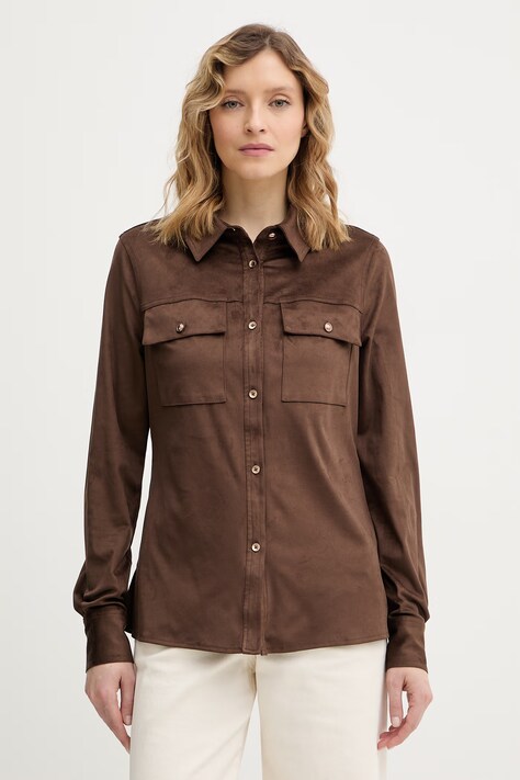 Guess koszula NUNZIA damska kolor brązowy regular z kołnierzykiem klasycznym W6RH09 WJ472