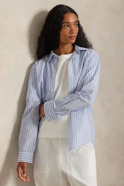 Polo Ralph Lauren koszula z dodatkiem lnu damska kolor niebieski regular z kołnierzykiem klasycznym 211971514