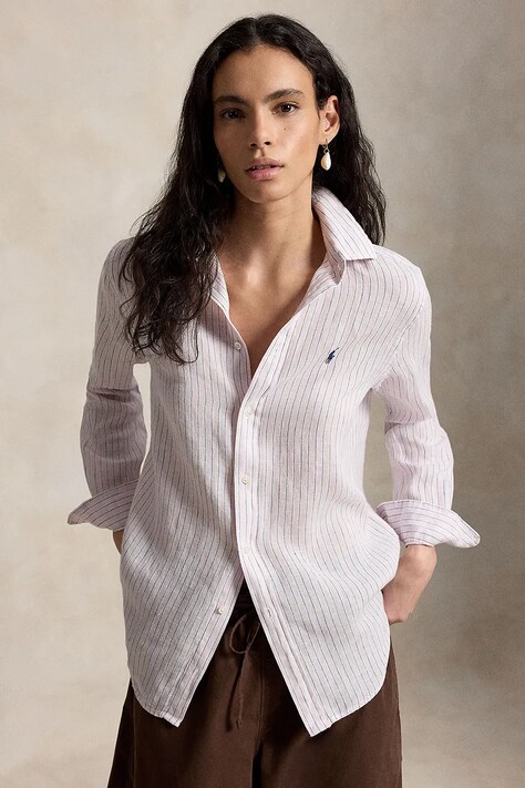 Polo Ralph Lauren koszula lniana damska kolor różowy regular z kołnierzykiem klasycznym 211A96158