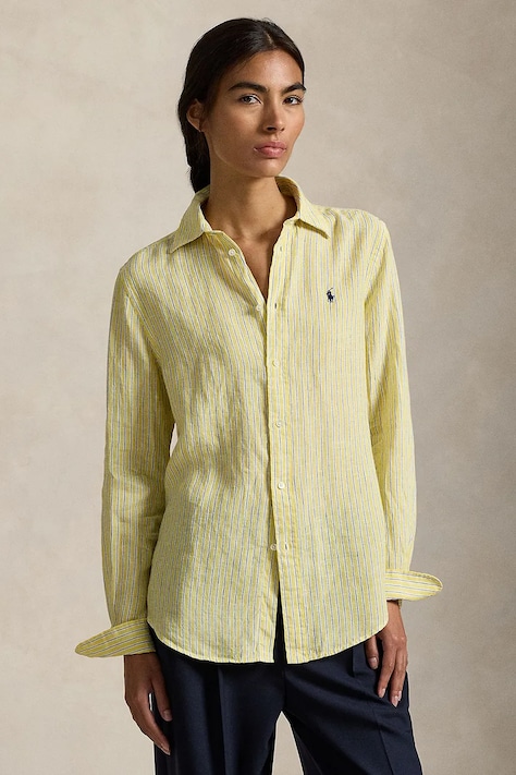 Lněná košile Polo Ralph Lauren dámská, žlutá barva, regular, s klasickým límcem, 211A96158