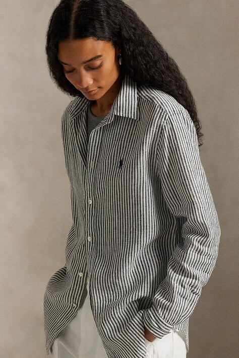 Polo Ralph Lauren koszula lniana damska kolor szary regular z kołnierzykiem klasycznym 211A96158