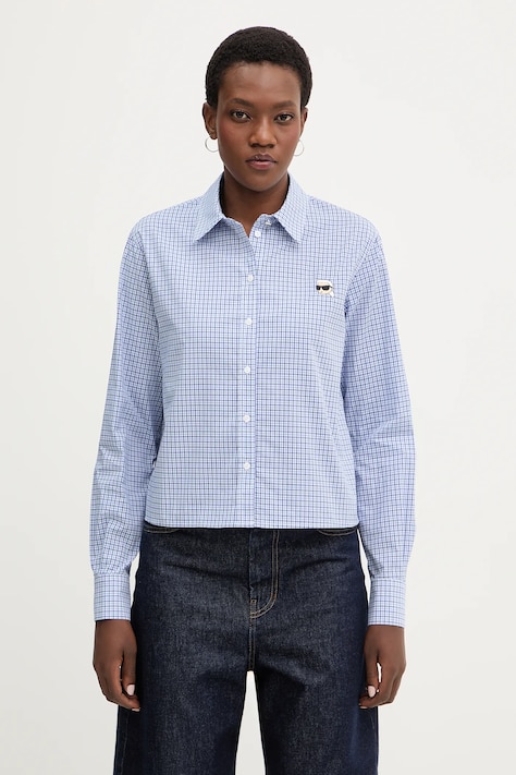 Памучна риза Karl Lagerfeld IKON дамска в синьо със стандартна кройка с класическа яка B1W11020