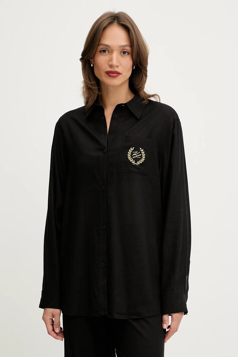 Karl Lagerfeld cămașă de plajă din amestec de in HOTEL KARL culoarea negru, B1W46032