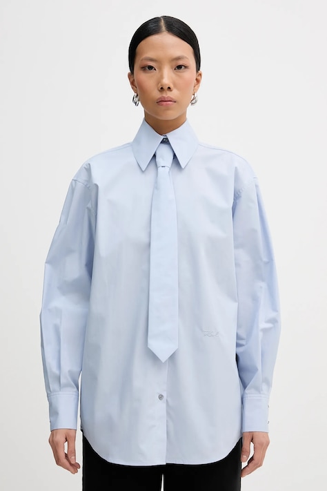 Памучна риза Karl Lagerfeld дамска в синьо със свободна кройка с класическа яка B1W11002