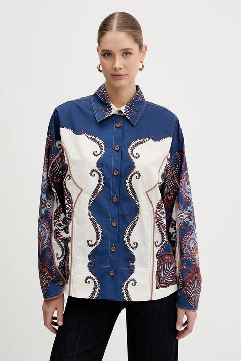 Farm Rio koszula bawełniana damska kolor niebieski relaxed z kołnierzykiem klasycznym 344003