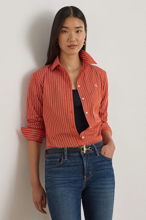 Lauren Ralph Lauren koszula bawełniana damska kolor pomarańczowy regular z kołnierzykiem klasycznym 200P03511