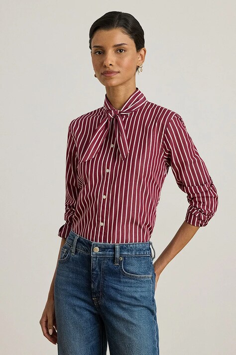 Lauren Ralph Lauren koszula bawełniana damska kolor czerwony regular z wiązanym dekoltem 200P03515