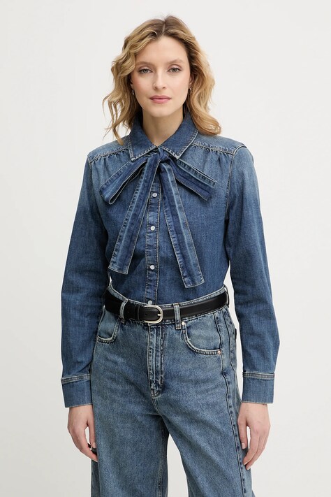 OUI koszula jeansowa damska kolor granatowy regular z kołnierzykiem klasycznym 96069