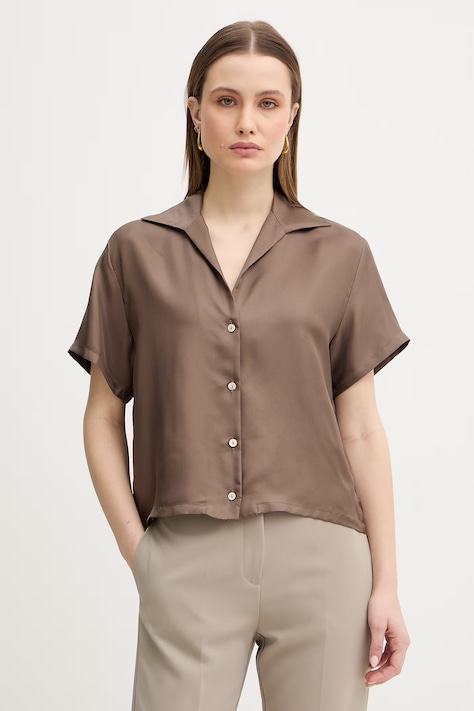 Marella koszula jedwabna MLMSEGNALE damska kolor brązowy relaxed z kołnierzykiem klasycznym 2613111045200