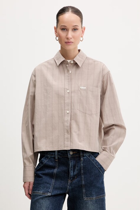 Guess Jeans koszula bawełniana damska kolor beżowy relaxed z kołnierzykiem klasycznym W6RH64 WH7Q1