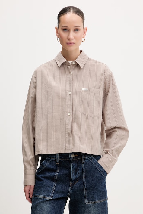 Guess Jeans koszula bawełniana damska kolor beżowy relaxed z kołnierzykiem klasycznym W6RH64 WH7Q1