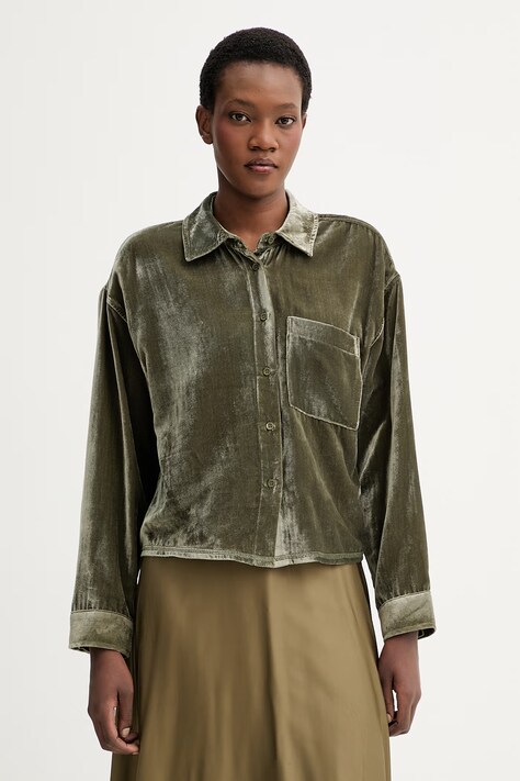 Velurová košile American Vintage dámská, zelená barva, relaxed, s klasickým límcem, ANK06A
