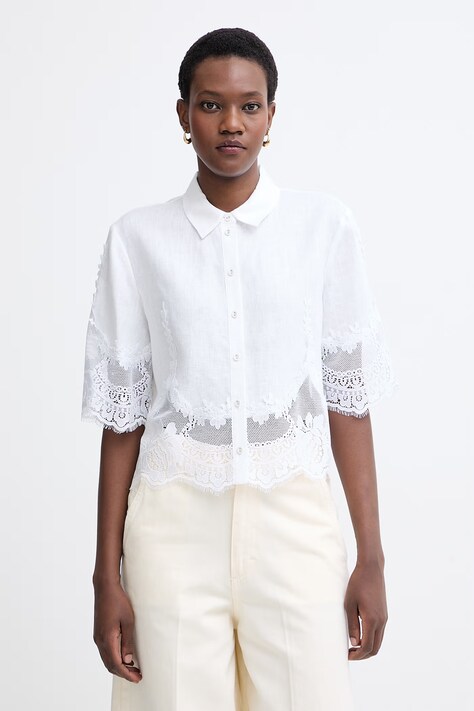 Twinset сорочка жіноча лляна біла з мереживними вставками 261TT2181
