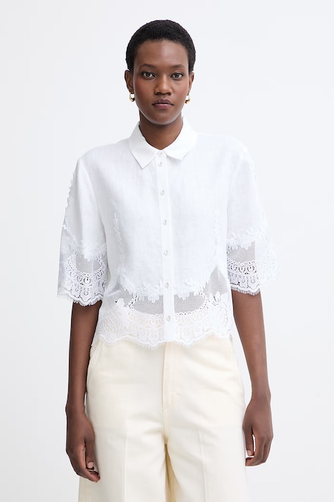 Twinset рубашка для женщин из льна белая с кружевными вставками 261TT2181