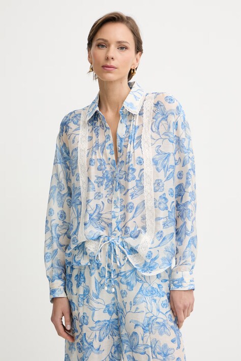 Twinset Camicia da donna con lino blu a fiori 261LM2SAA