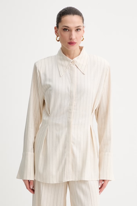 Gestuz koszula damska z dodatkiem lnu beżowa w paski 10911049