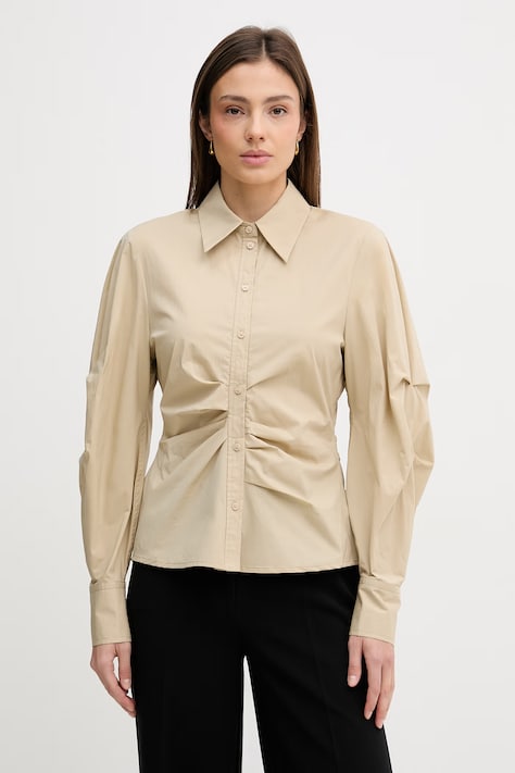 Sisley koszula damska kolor beżowy slim z kołnierzykiem klasycznym 5V5TLQ0AE