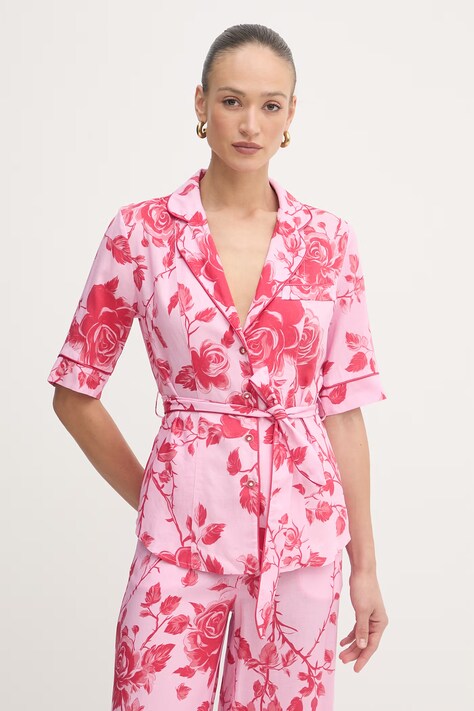 Fracomina bluzka koszulowa damska z dodatkiem lnu różowa w kwiaty