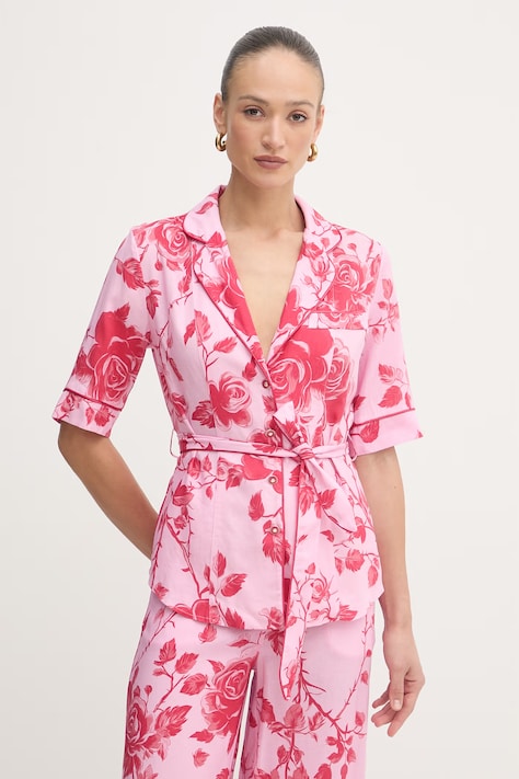 Fracomina košeľová blúzka dámska s prímesou ľanu ružová s kvetmi FS26ST6019W622K9