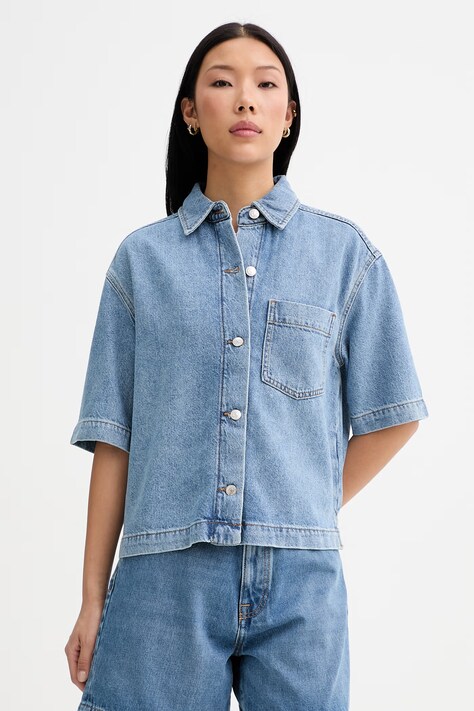 Marc O'Polo koszula damska z dodatkiem lnu niebieska gładka 5000013055