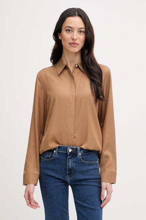 Tommy Hilfiger koszula damska z wiskozy brązowa gładka WW0WW49611