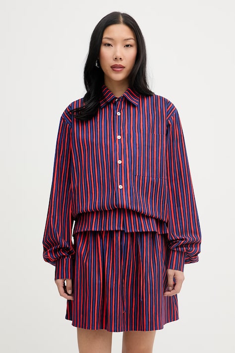 Marimekko košeľa dámska bavlnená červená s pásikavým vzorom 095232