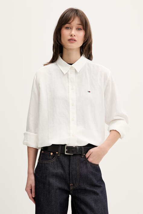 Tommy Jeans koszula damska z lnem beżowa w paski DW0DW22209