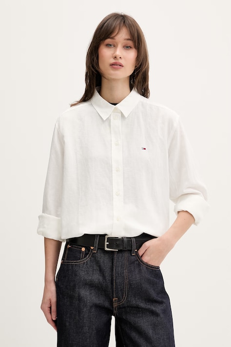 Tommy Jeans koszula damska z lnem beżowa w paski DW0DW22209