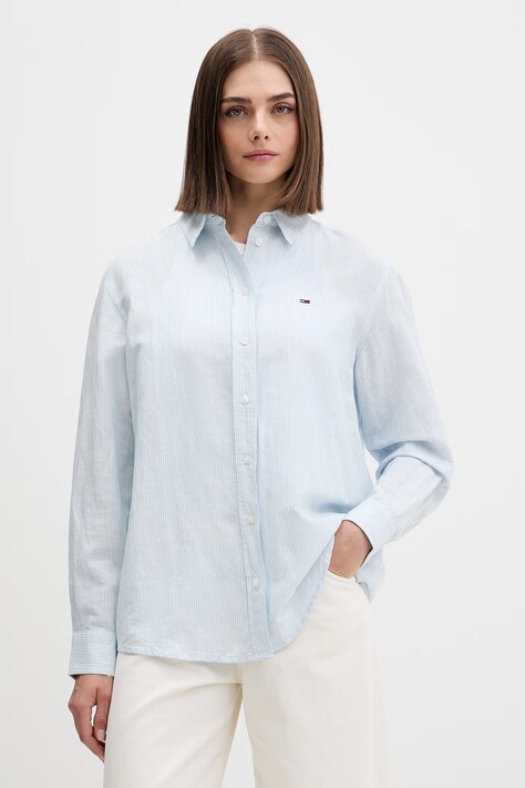 Tommy Jeans koszula damska z lnem niebieska w paski DW0DW22209