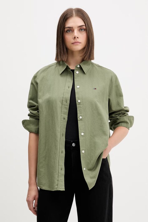 Tommy Jeans koszula damska z lnem zielona w paski DW0DW22209