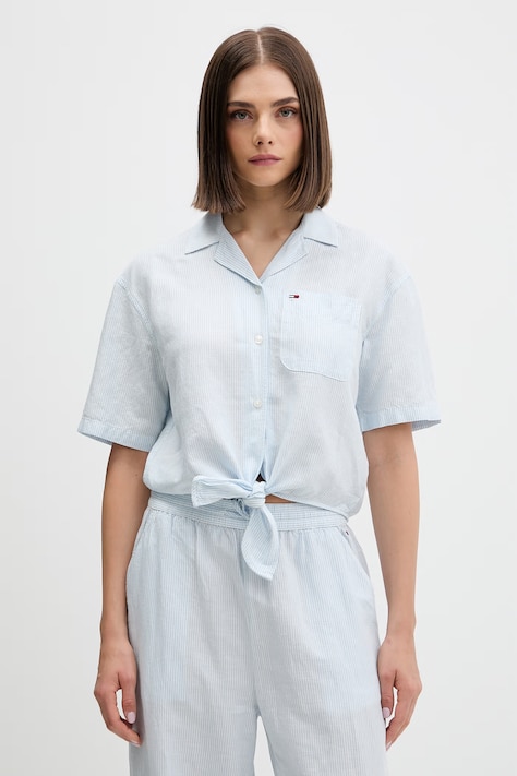 Tommy Jeans koszula damska z lnem niebieska gładka DW0DW22210