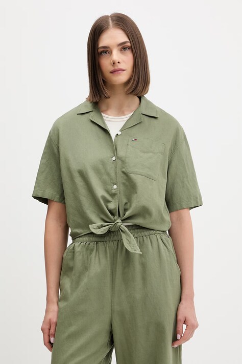 Tommy Jeans koszula damska z lnem zielona gładka DW0DW22210