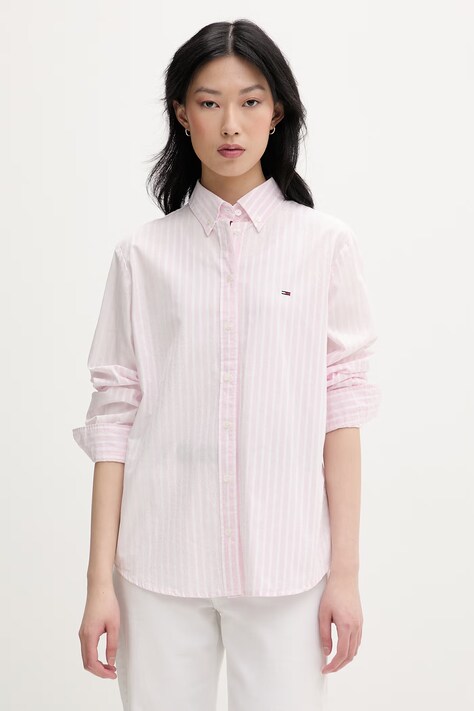 Tommy Jeans koszula damska bawełniana różowa w paski DW0DW22211