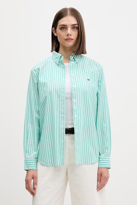 Tommy Jeans koszula damska bawełniana turkusowa w paski DW0DW22211