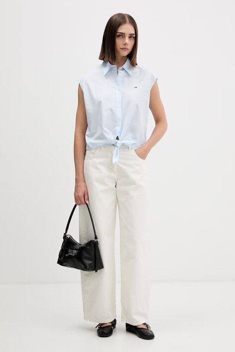 Tommy Jeans koszula damska bawełniana niebieska gładka DW0DW22212