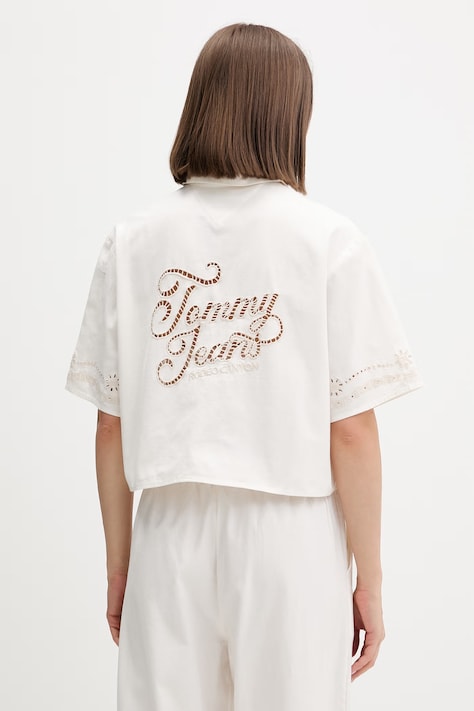 Tommy Jeans koszula damska z dodatkiem lnu beżowa DW0DW22214