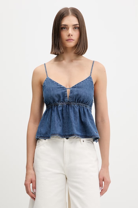 Tommy Jeans bluzka na ramiączkach damska jeansowa niebieska z efektem sprania DW0DW22215